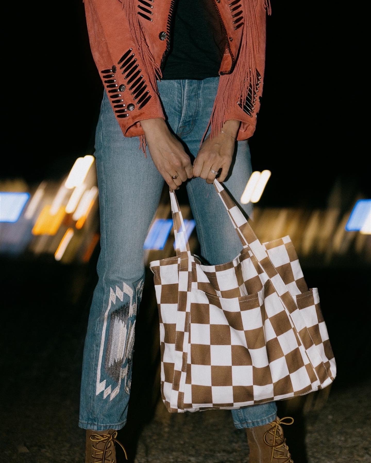 bag, tote bag, brown bag, checkered - Wheretoget