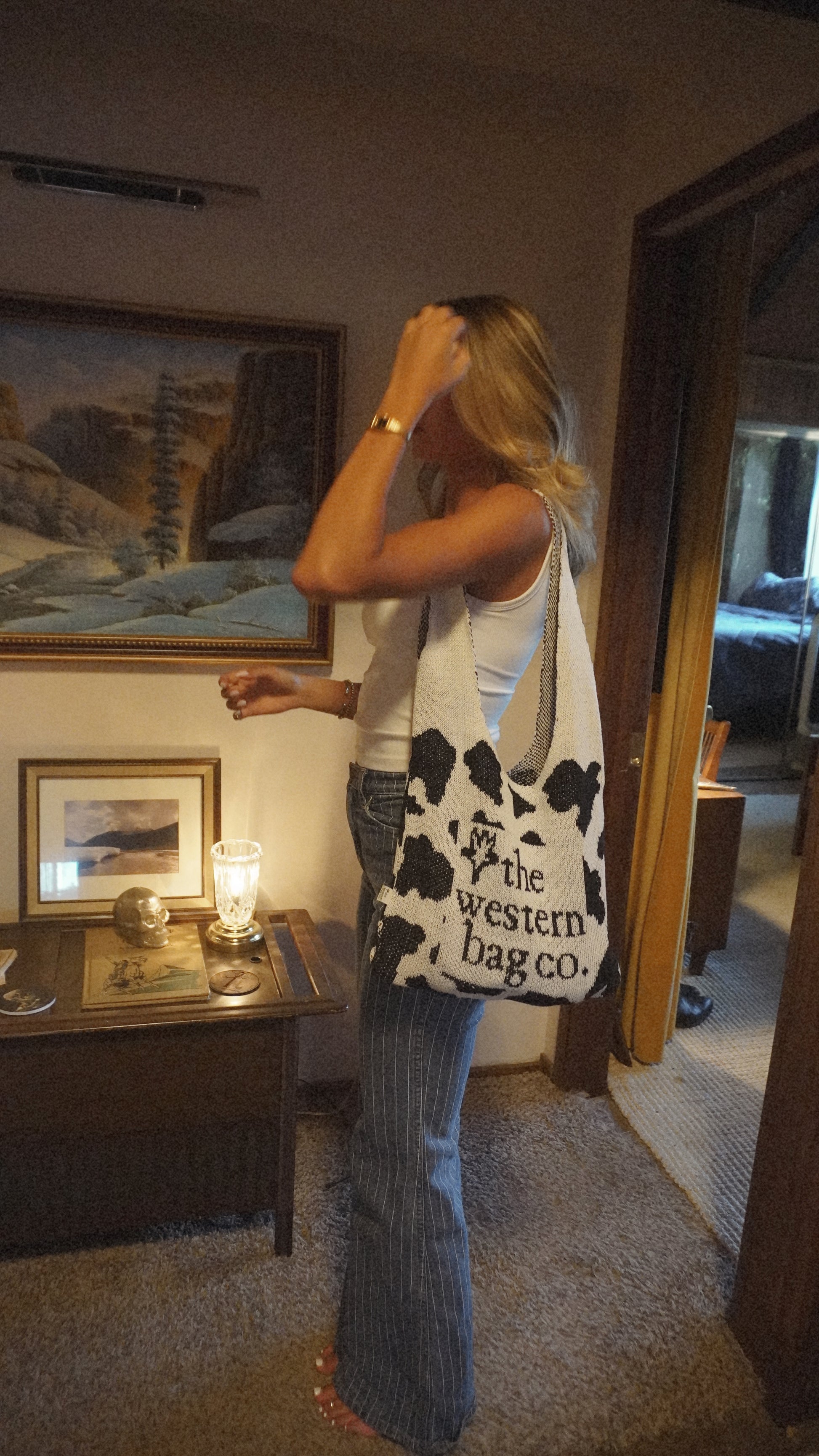 Cow print western knit tote bag — view 2
